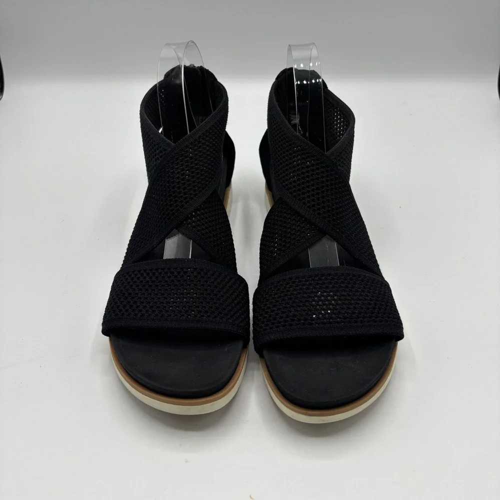 Eileen Fisher Black Stretch Mesh Crisscross Platform Sandals Size‎ 9.5 Zip Back